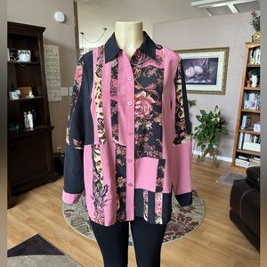 Brylane Woman Collection pink & black long sleeve blouse-size 14W